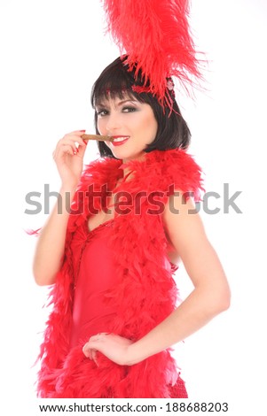 Burlesque dancer with red plumage and red short dress, isolated on white