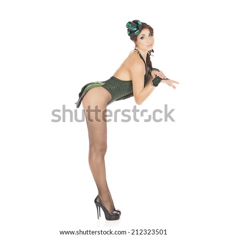 Burlesque dancer with green dress, isolated on white