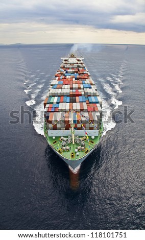 Frontal aerial view of a Cargo vessel.