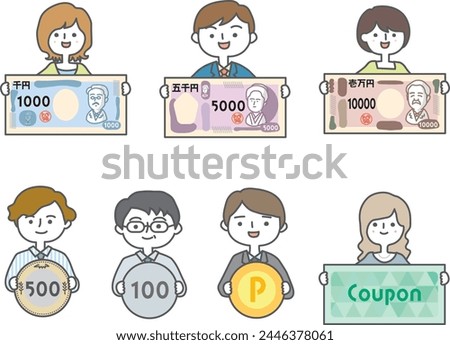 Clip art of person holding money or coupon in his hand, variation set