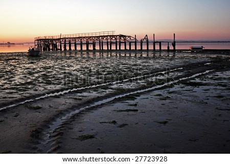 The track to the old wharf of fishing in the low tide river at the sunset