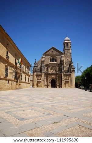 The Sacred Chapel of El Salvador (Capilla del Salvador) in the Plaza de Vazquez de Molina with the Parador hotel to the left, Ubeda, Jaen Province, Andalusia, Spain, Western Europe.