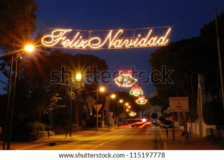 Christmas streetlights, Sitio de Calahonda, Mijas Costa, Costa del Sol, Malaga Province, Spain, Western Europe.