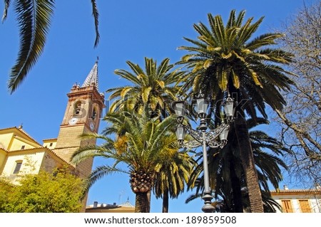 Our Lady of Rest church (Iglesia de Nuestra Senora del Reposo) and Jose Maria Hinojosa Park.  Campillos, Malaga Province, Andalucia, Spain.
