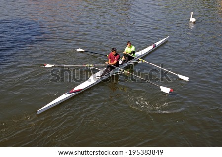 STRATFORD-UPON-AVON, UK - MAY 18, 2014 - Coxless pair rowing along the River Avon, Stratford-Upon-Avon, Warwickshire, England, UK, Western Europe, May 18, 2014.