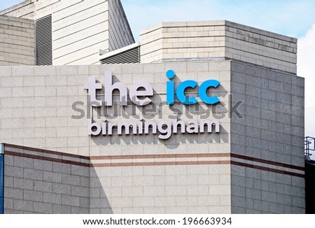 BIRMINGHAM, UK - MAY 14, 2014 - Part of the International Convention Centre showing the name, Centenary Square, Birmingham, England, UK, Western Europe, May 14, 2014.