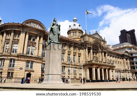 BIRMINGHAM, UK - MAY 14, 2014 - Statue of Queen Victoria with the Council House to the rear, Victoria Square, Birmingham, West Midlands, England, UK, Western Europe.
