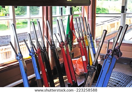 ARLEY, UNITED KINGDOM - JULY 10, 2014 - Signal and point levers inside the signal box at the railway station, Arley, Worcestershire, England, UK, Western Europe, July 10, 2014.
