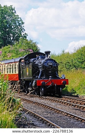 ARLEY, UNITED KINGDOM - JULY 10, 2014 - Small Prairie Tank Locomotive 4500 Class 2-6-2T number 4566 approaching the railway station, Severn Valley Railway, Arley, England, UK, July 10, 2014.