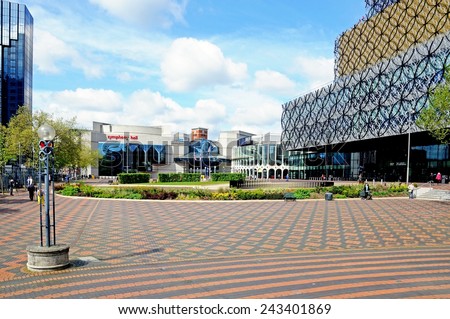 BIRMINGHAM, UK - MAY 14, 2014 - View of Centenary Square including the ICC, Symphony Hall, Repertory Theatre and the Library of Birmingham, Centenary Square, Birmingham, England, UK, May 14, 2014.