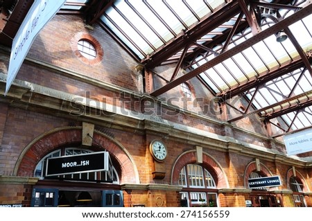 BIRMINGHAM, UK - MAY 14, 2014 - Victorian style cafe sings and ceiling detail in the Foyer of Moor Street Railway Station, Birmingham, England, UK, Western Europe, May 14, 2014.