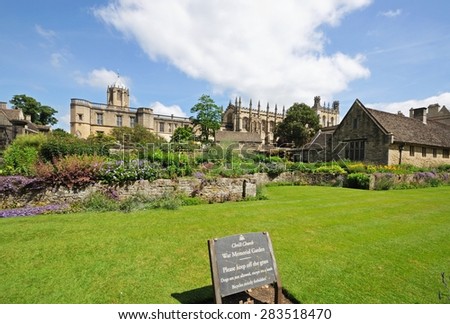 OXFORD, UNITED KINGDOM - JUNE 17, 2014 - View of Christ Church college and Cathedral seen from the memorial gardens, Oxford, Oxfordshire, England, UK, Western Europe, June 17, 2014.