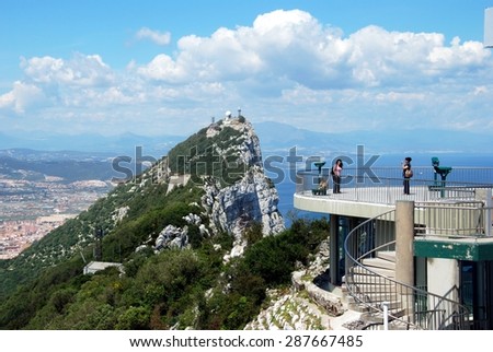 GIBRALTAR, UK - APRIL 20, 2009 - Elevated view of The Rock and viewing platform with the Spanish coastline to the rear, Gibraltar, United Kingdom, Western Europe, April 20, 2009.