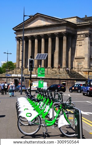 LIVERPOOL, UNITED KINGDOM - JUNE 11, 2015 - View of St Georges Hall with City bikes in the foreground, Liverpool, Merseyside, England, UK, Western Europe, June 11, 2015.