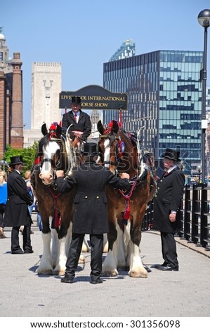 LIVERPOOL, UNITED KINGDOM - JUNE 11, 2015 - Shire horses and carriage promoting Liverpool International Horse Show by Kings Dock, Liverpool, Merseyside, England, UK, Western Europe, June 11, 2015.