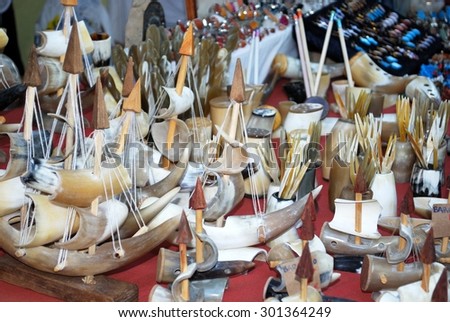 BARBATE, SPAIN - SEPTEMBER 14, 2008 - Boats made from bones and horns on a stall at the Medieval market, Barbate, Costa de la Luz; Cadiz Province, Andalusia, Spain, Western Europe, September 14, 2008.