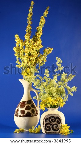 Two vases with bouquets of yellow field colors are photographed on a dark blue background.