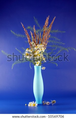 Bouquet of field flowerss in a long blue vase.