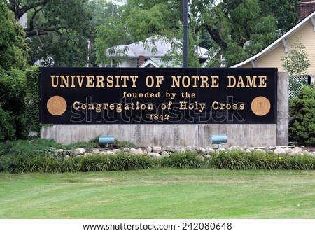 NOTRE DAME, IN - AUGUST 1: An entrance to The University of Notre Dame located in Notre Dame, Indiana on August 1, 2014. Notre Dame is a Catholic research university located near South Bend, Indiana.