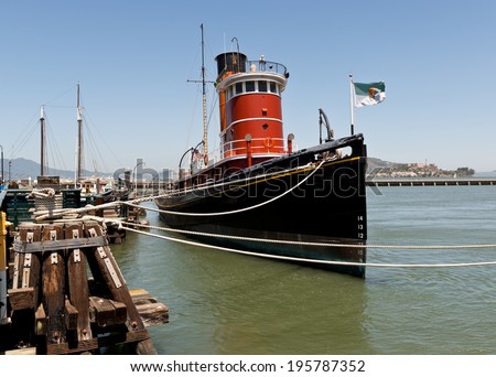 San Francisco Vintage Tug Boat and Alcatraz Island