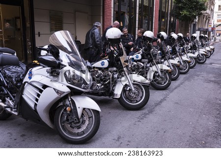 SAN FRANCISCO, CA - DECEMBER 13, 2014 - San Francisco  Police Motorcycles lined up and waiting for possible protest crowd control.