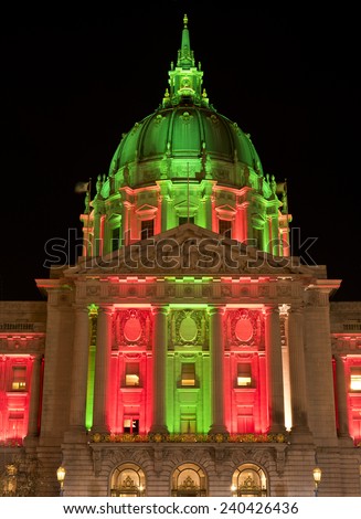 San Francisco City Hall in Christmas Green and Red Colors, Lights