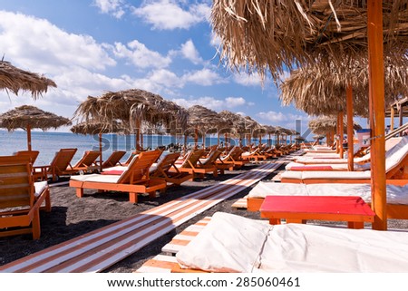 Tropical Ocean Beach Orange White Chase Lounge Thatched Umbrellas