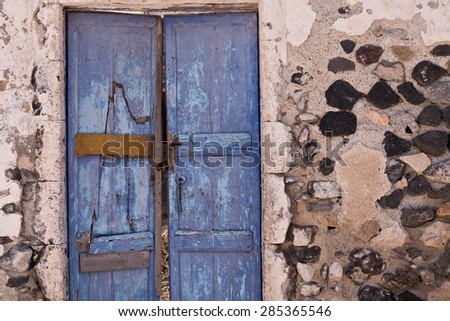 Santorini Greece Old Wooden Blue Door, Rock Wall