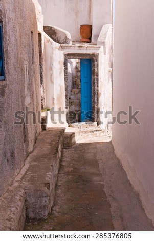 Santorini Walkway, Path Alley, Stairs, Blue Door, Pot