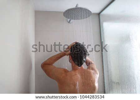 Similar – Image, Stock Photo Man taking shower in wooden bathroom