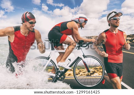 Triathlon swim bike run triathlete man training for ironman race concept. Three pictures composite of fitness athlete running, biking, and swimming in ocean. Professional cyclist, runner, swimmer. Imagine de stoc © 