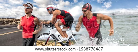 Triathlon swim bike run triathlete man running biking swimming in ocean at ironman race banner panorama. Three pictures composite of fitness athlete professional cyclist, runner, swimmer athletes. Imagine de stoc © 