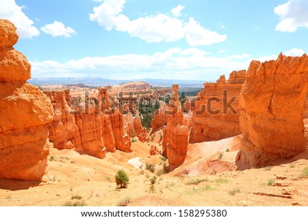 Bryce Canyon National Park landscape, Utah, United States. Nature scene showing beautiful hoodoos, pinnacles and spires rock formations. including Thors Hammer. Summer.