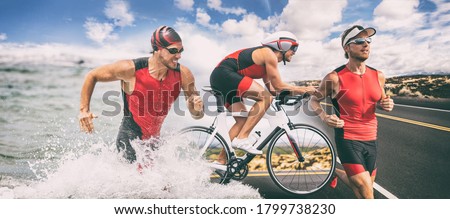 Triathlon swim bike run triathlete man running biking swimming in ocean ,banner panorama. Three pictures composite of professional fitness athlete. Foto stock © 