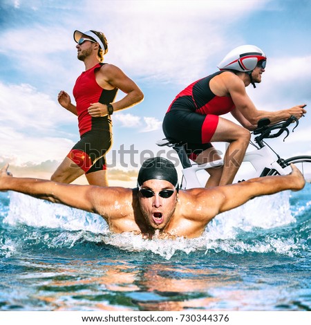 Triathlon swim bike run triathlete man training for ironman race concept. Three pictures composite of fitness athlete running, biking, and swimming in ocean. Professional cyclist, runner, swimmer. Foto d'archivio © 