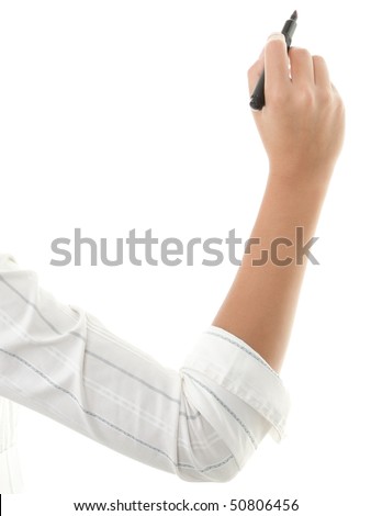 Hand Writing Isolated On White. Close Up Of Woman Arm Writing With ...