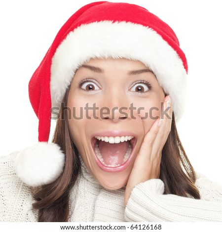 Christmas Santa Woman Surprised. Beautiful Face Of Happy Asian Woman In ...