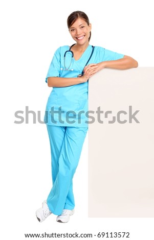 Medical Blank Sign Billboard. Young Woman Doctor / Nurse Showing Empty ...