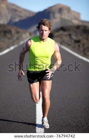 Running Man Athlete On Road Outdoors. Fit Fitness Runner Man Running ...