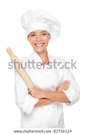 Baker / Chef Woman Smiling Happy Holding Baking Rolling Pin Wearing ...