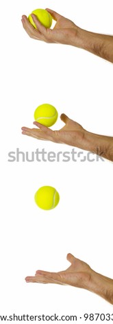 Man\'s hand in 3 different stages of throwing/catching a tennis ball - motion blur in some places.