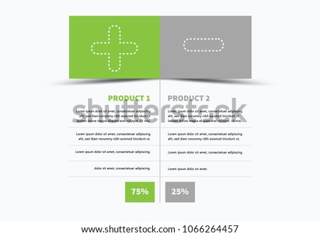 An infographic layout with big green plus and grey minus sign for product disadvantages and advantages. Vector graphic.
