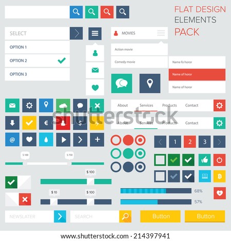 Style flat ui kit design elements for web design with drop down menu. Flat icons with menu, turn on and turn off button, progress bars, input and menu bar / Flat ui kit design elements for webdesign