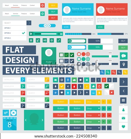 Style flat ui kit design elements for web design with drop down menu. Flat icons with menu, progress bars, input and menu bar. Every element for webdesign. / Flat ui kit design elements for webdesign