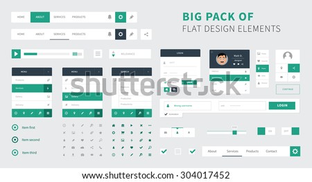 Pack of Flat design ui kit vector for webdesign / Style flat ui kit design elements set for web design. Flat icons with menu, search bar and social bar. 