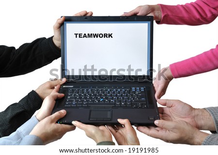 Five people (pairs of hands) hold a notebook computer illustrating teamwork (clipping path included)