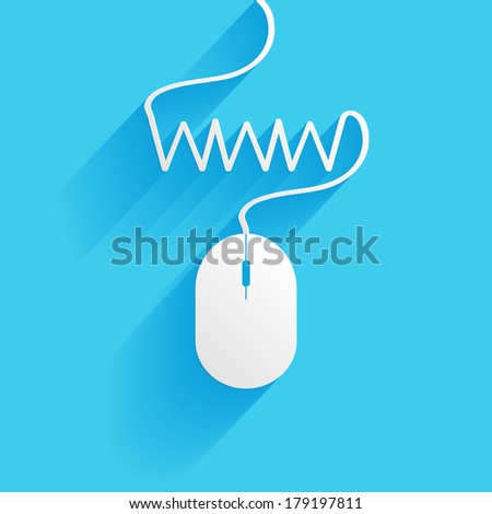 WWW and computer mouse, flat icon isolated on a blue background for your design, vector illustration