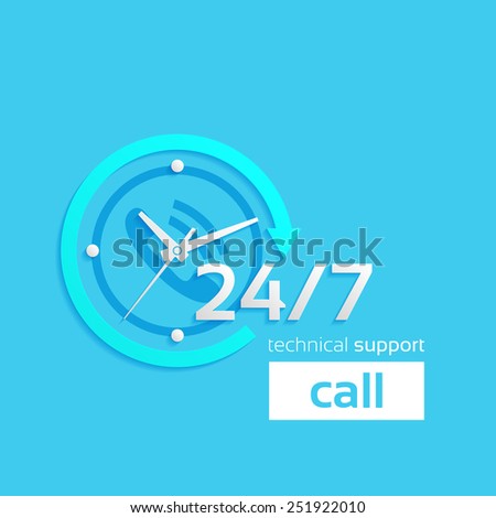 24 hour assistance, Clock Icon Isolated on Blue Background, technical support icon