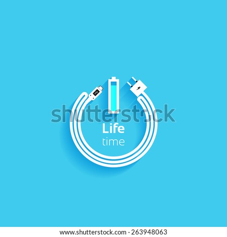 Power icon, concept background design, battery icon with USB cable and a charger and forming a power button on blue background, vector illustration