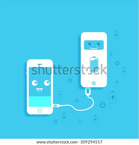  phone charging, flat icon isolated on a blue background. Concept background design